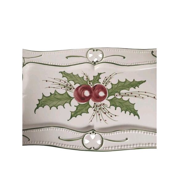 RCCL Christmas Tray 15" White Green HOLLY Hand Painted Glazed Ceramic PORTUGAL - Picture 5 of 14